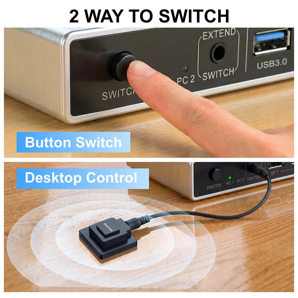 2 Ports 8K@60Hz Displayport KVM Switch 2 Computers One Monitor, 4K@144Hz 2-Port DP USB KVM Switches,