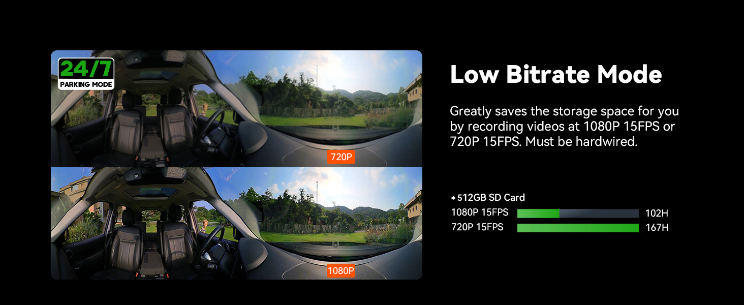 dash cam with low bitrate mode