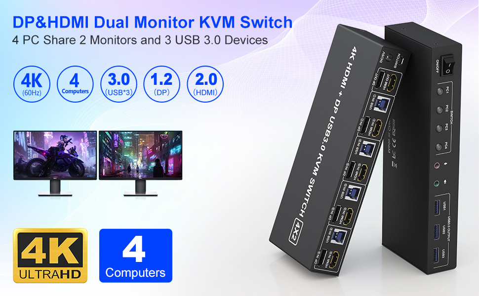 4K@60H 4 Port Displayport & HDMI USB 3.0 Dual Monitor KVM Switch 4 computers share 2 monitors and 3