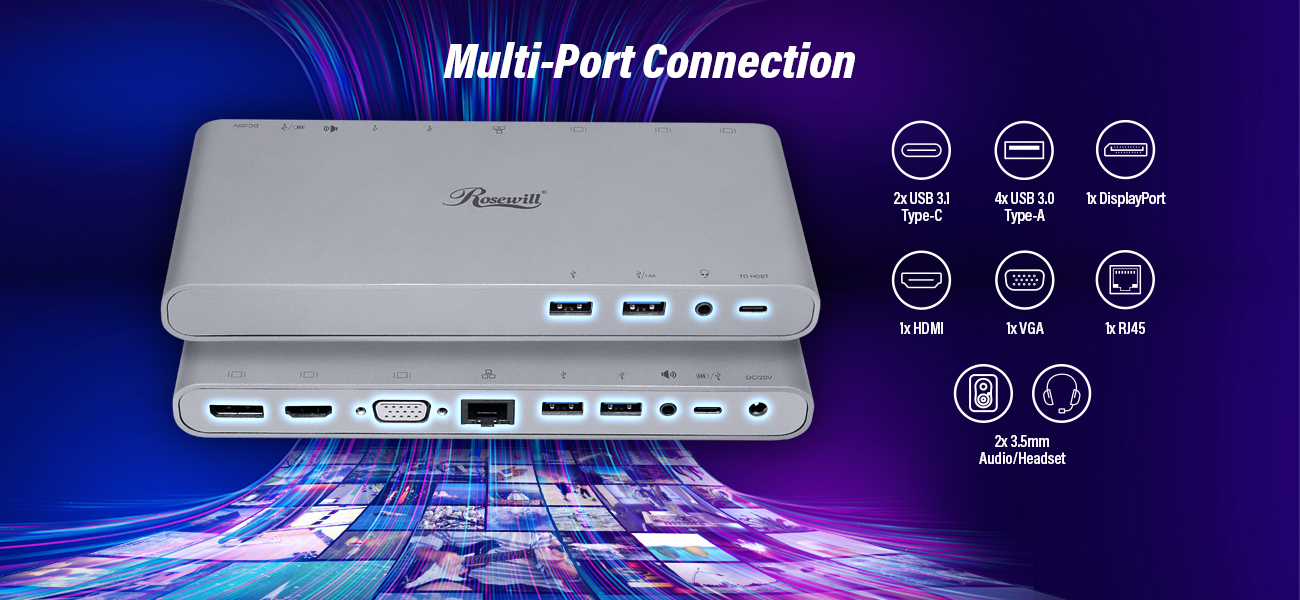 Rosewill 12Port Laptop Docking Station, 4K Ultra HD MST Hub, Supports