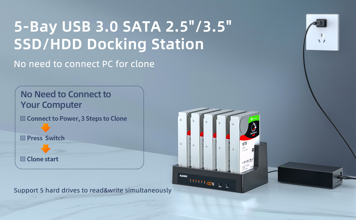 MAIWO K3062B Dual Bay USB3.0 To SATA Hard Drive Docking Station, External Hard Disk Dock Reader For 2.5"/3.5" SATA I/II/III SSD / HDD Hard Drives, With RGB LED Lights, Up To 32TB