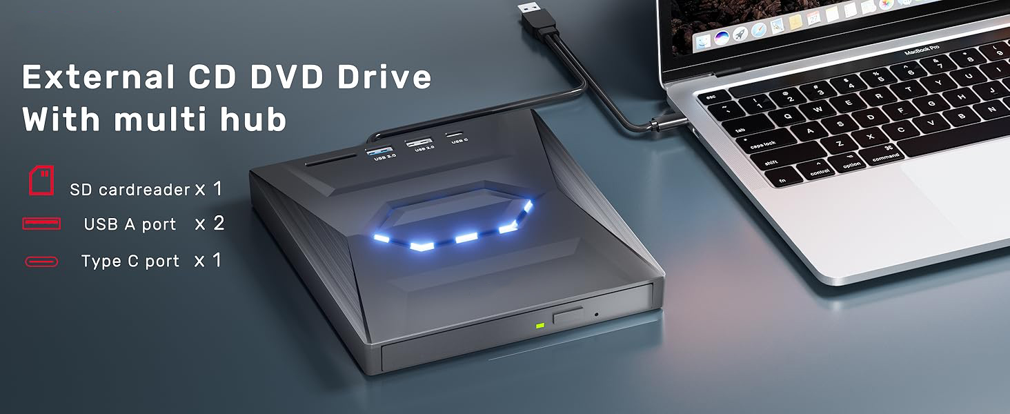 External CD DVD Drive, USB 3.0 Type-C Portable CD/DVD +/-RW Drive/DVD Player with SD Card Reader USB