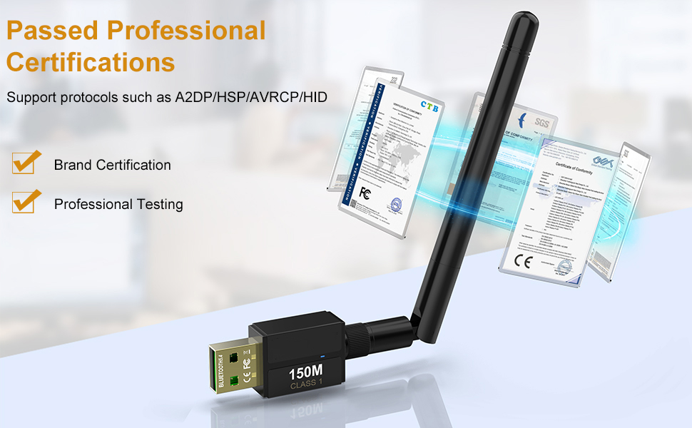 USB Bluetooth 5.4 Adapter for Desktop PC, Long Range 500FT/150M Wireless Transfer Bluetooth 5.4