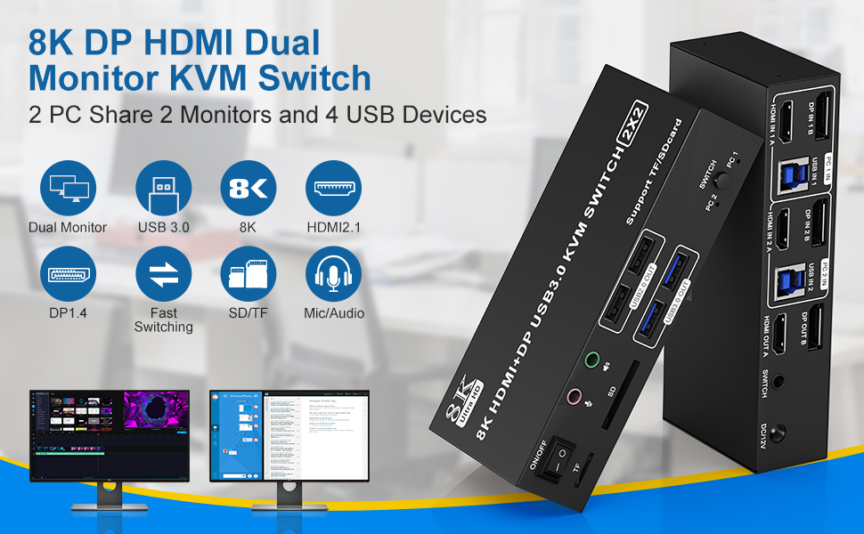 Displayport + HDMI KVM Switch 2 Monitors 2 Computers, 8K@60Hz 4K@120Hz Dual Monitor HDMI + DP KVM Sw