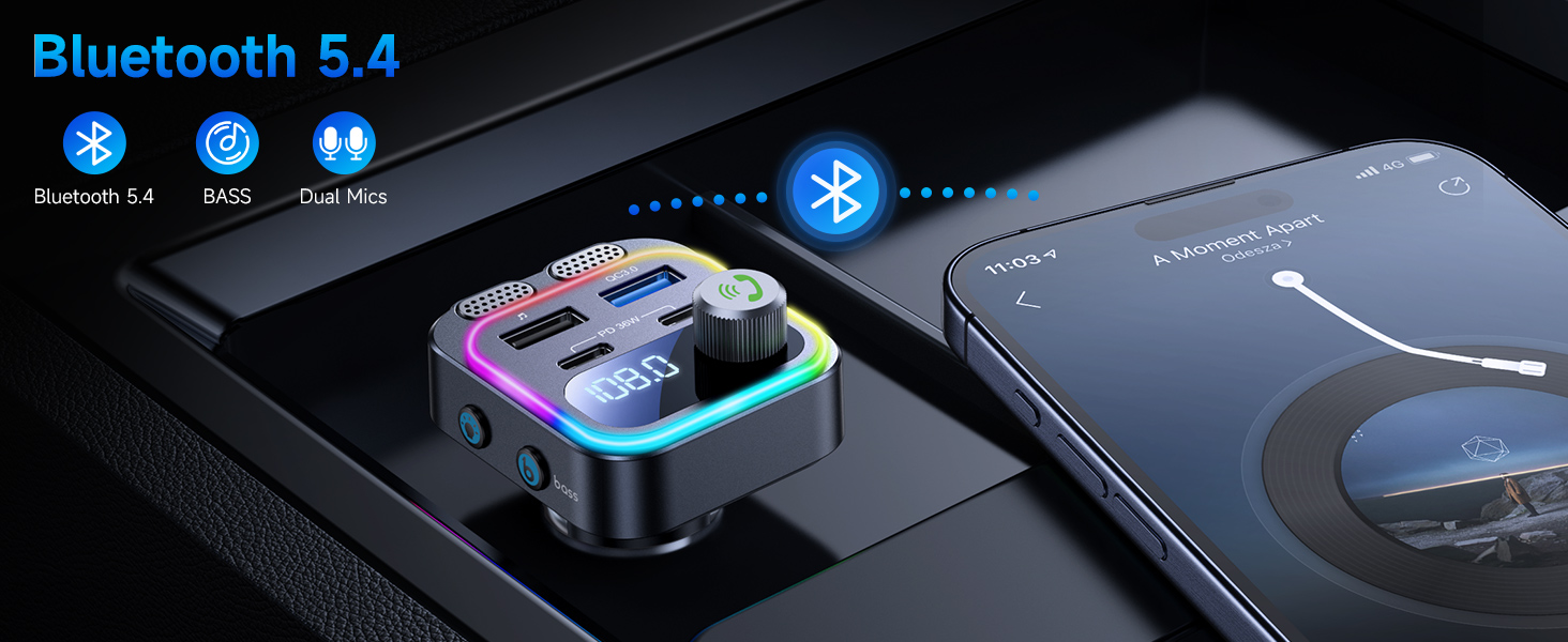 Upgrade 5.4 FM Transmitter Bluetooth Car Adapter [60w Fast Charging]