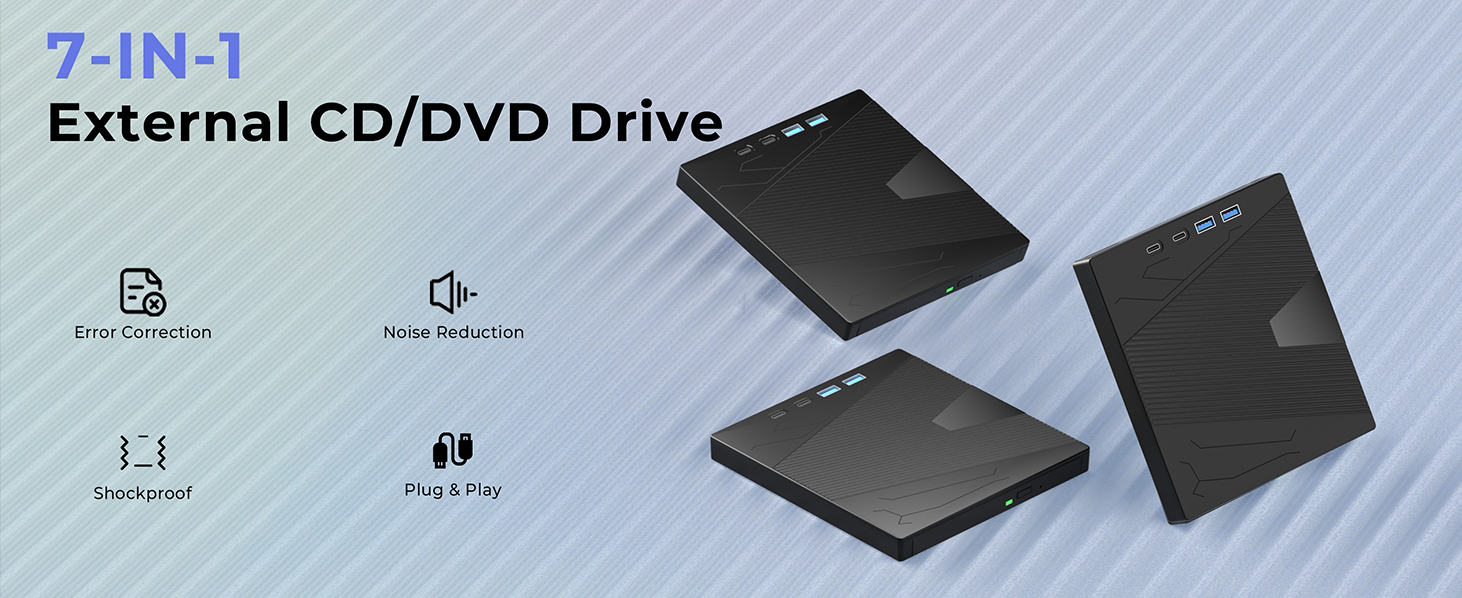 External CD/DVD Drive for Laptop, 7-in-1 Portable DVD Player for Laptop USB 3.0 & Type-C CD Burner E
