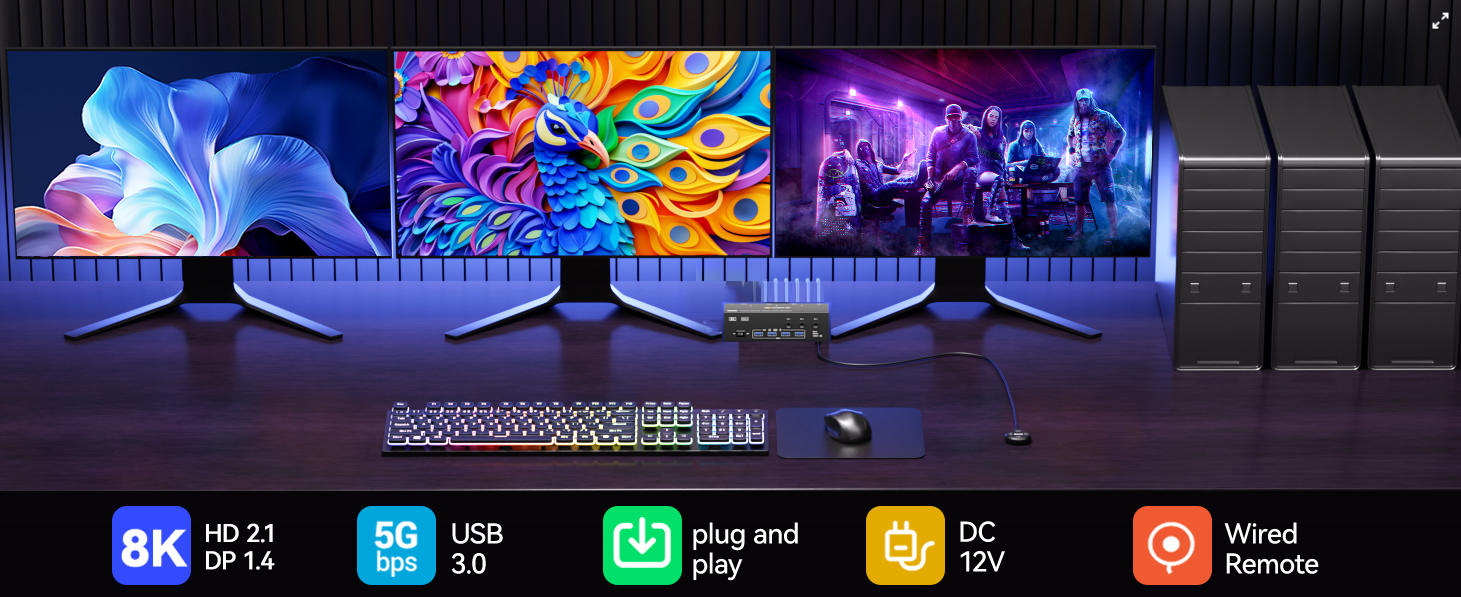 KVM Switch 3 Monitors 3 Computers 8K@60Hz 4K@144Hz, HDMI+2 Displayport KVM Switches Triple Monitor
