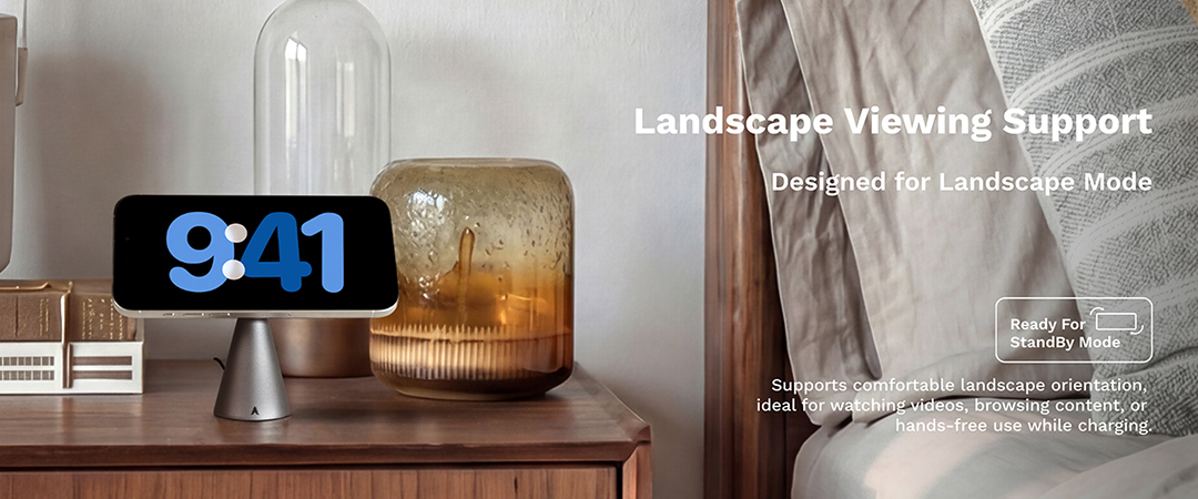 Loha Custom wireless charger stand supporting landscape iPhone viewing