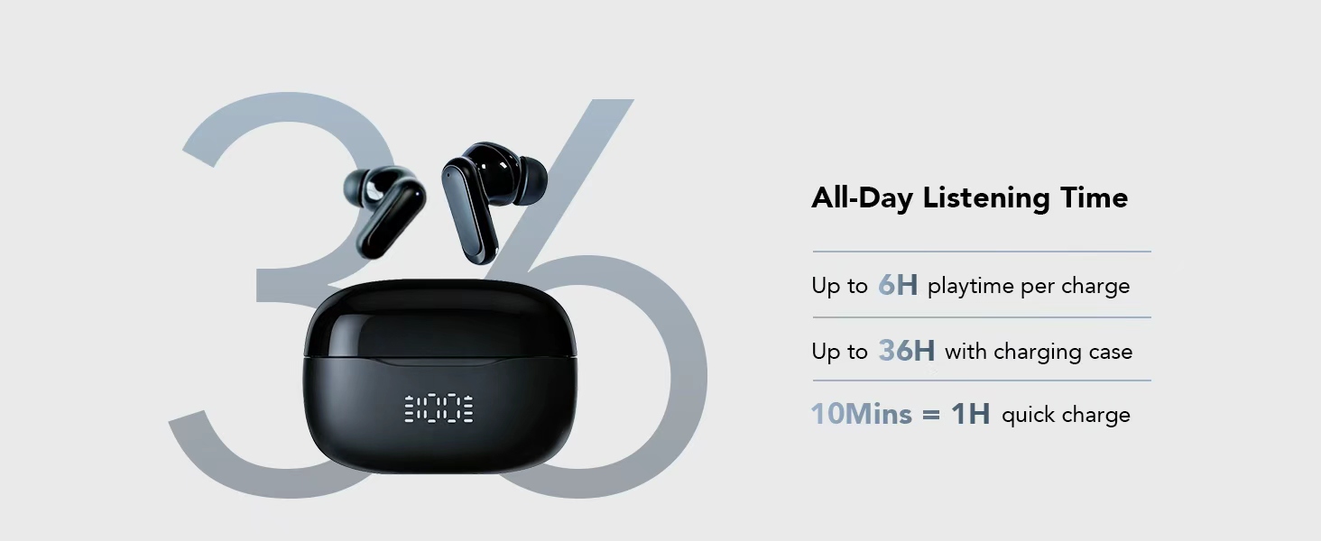 True Wireless EarBuds Bluetooth Headphones with Mic, LED Power Display Deep Bass Wireless Earbuds, E