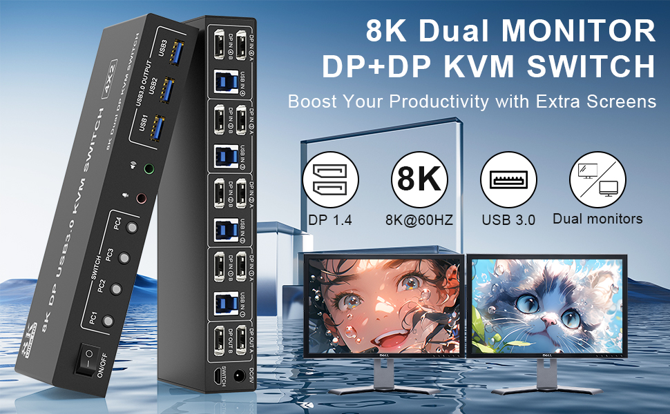 8K DP1.4 Dual Monitor KVM Switch DisplayPort 4 computers share 2 monitor and 3 USB 3.0 device You ca