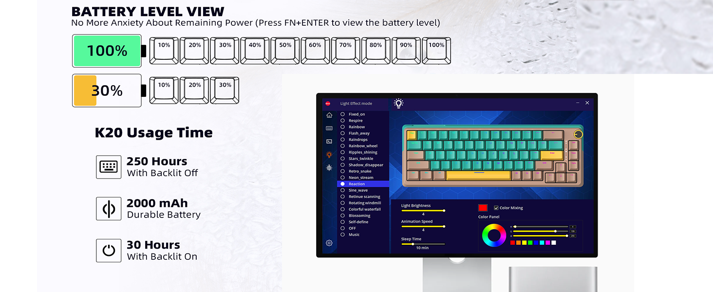 There are 20 modes: from static color to multi-colour iridescence.