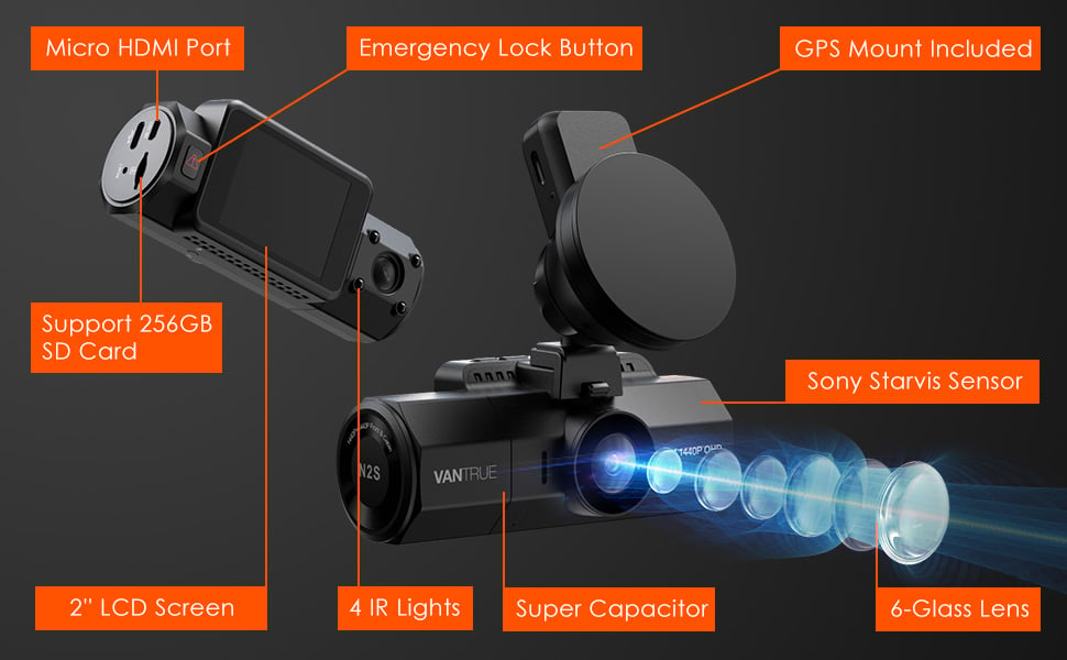 Vantrue N2S Dual Lens 4K Dash Cam for Front and Interior Recording