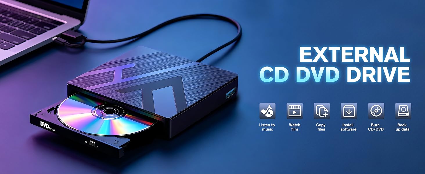 7 in 1 External CD DVD Drive USB 3.0 Type-C Slim Portable Player CD DVD RW Burner Writer Reader with