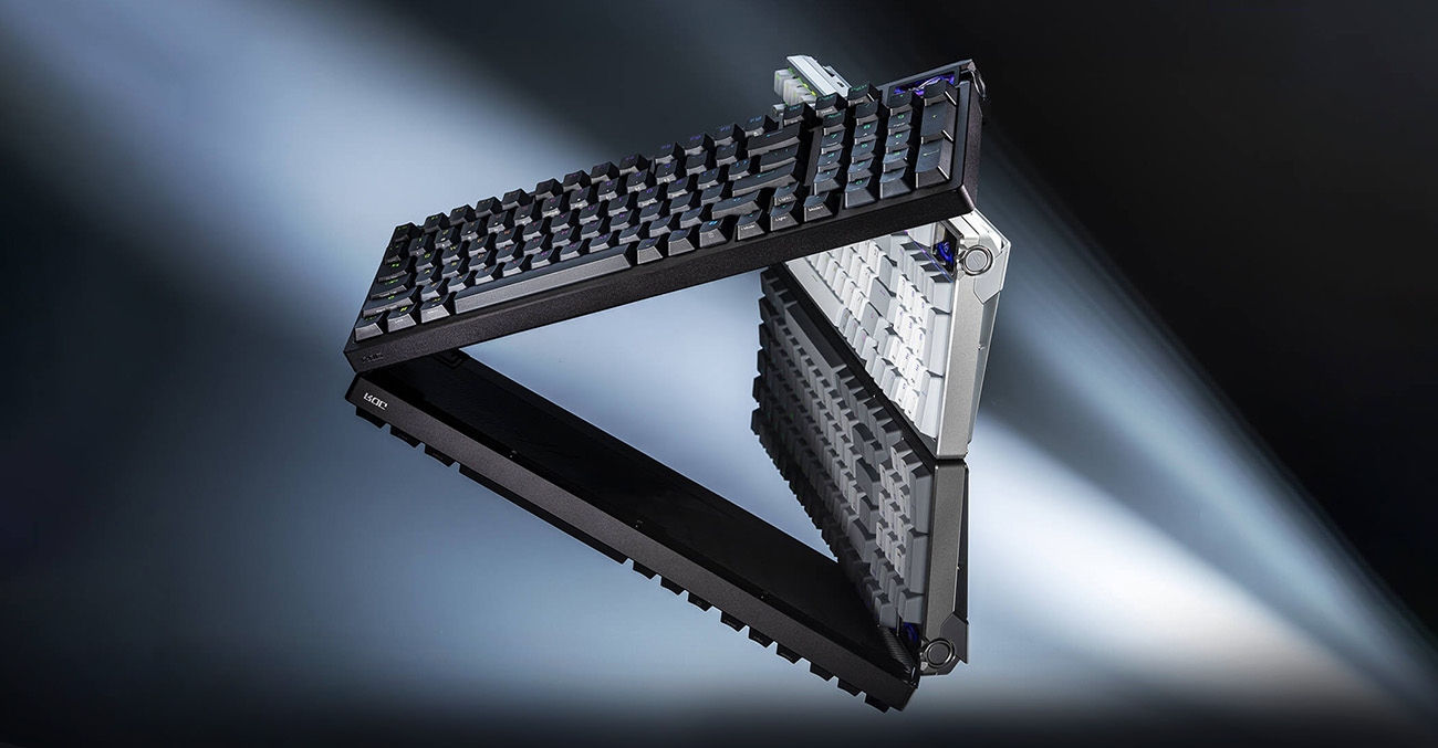 ROG Azoth 96 HE black and white gaming keyboards arranged in a striking triangular composition with dramatic light beams on a dark background