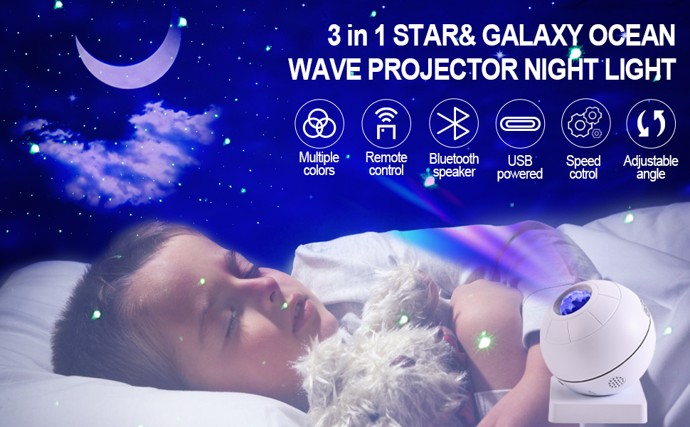 Galaxy Light Projector, Moon Night Light Built-in Bluetooth Speaker Nebula  Ocean Wave Starry Sky Cloud Moon Ceiling Star Projector with Remote Control  and Voice Control 