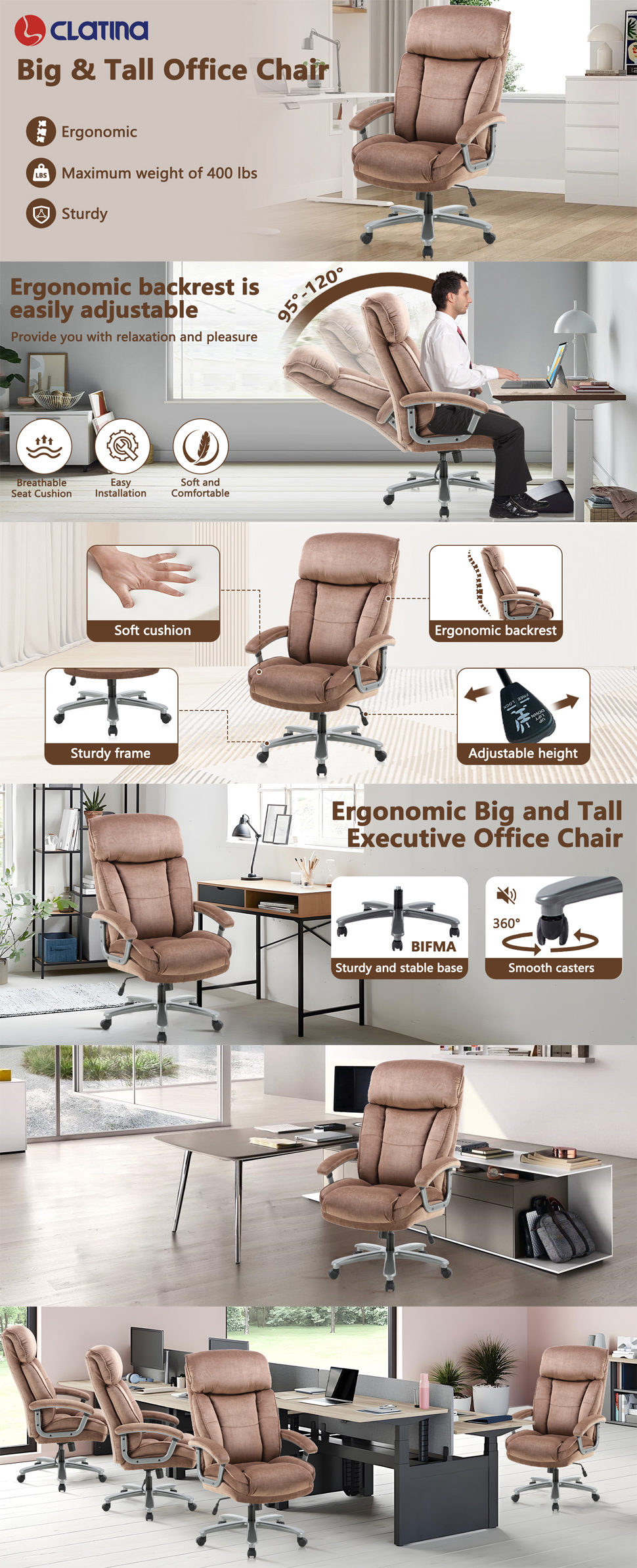 executive ergonomic soft padded cushion home office desk chair brown 400lbs capacity adjustable