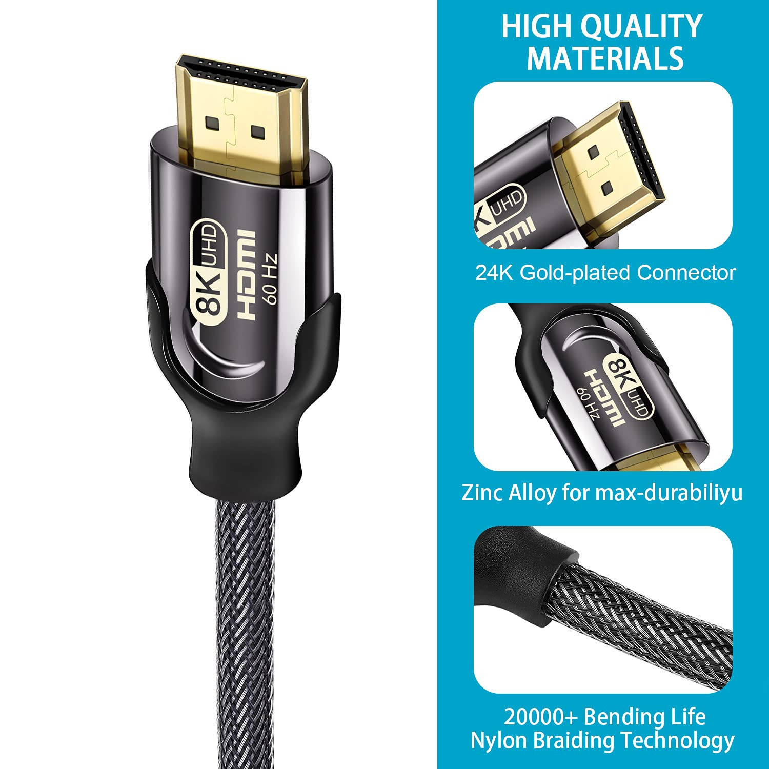 HDMI 2.1 Cable, Ultra High Speed 48Gbps 8K HDMI Cable 8ft, ARISEN 4K120  8K@60Hz Heavy Duty Braided HDMI Cord eARC HDR10 Compatible with RTX 3090  3080