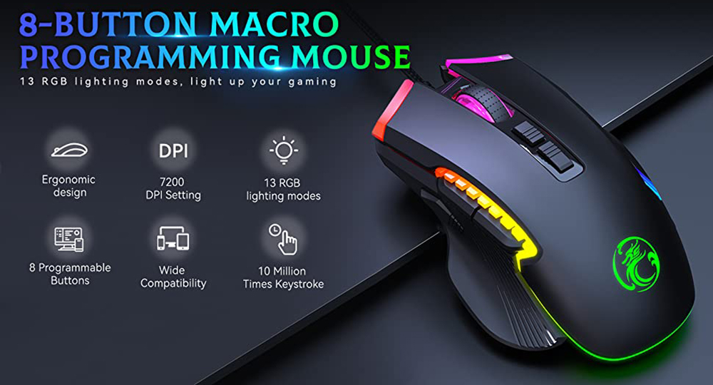RGB Gaming Mouse Wired, 8 Programmable Buttons Computer Mouse, 6 Adjustable  DPI [1200/1600/2400/3200/4800/7200 dpi], Ergonomic Mouse with 13 Backlight  Modes Gaming Mice for Windows 7/8/10/XP Linux 