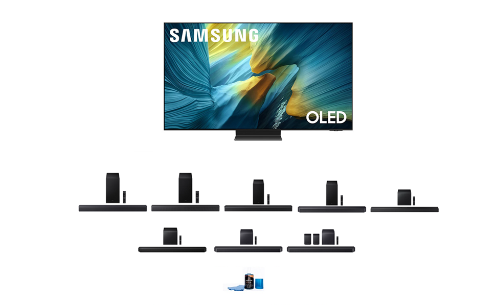 Samsung S95FA Series TV with Samsung Soundbar and Amber Screen Cleaner