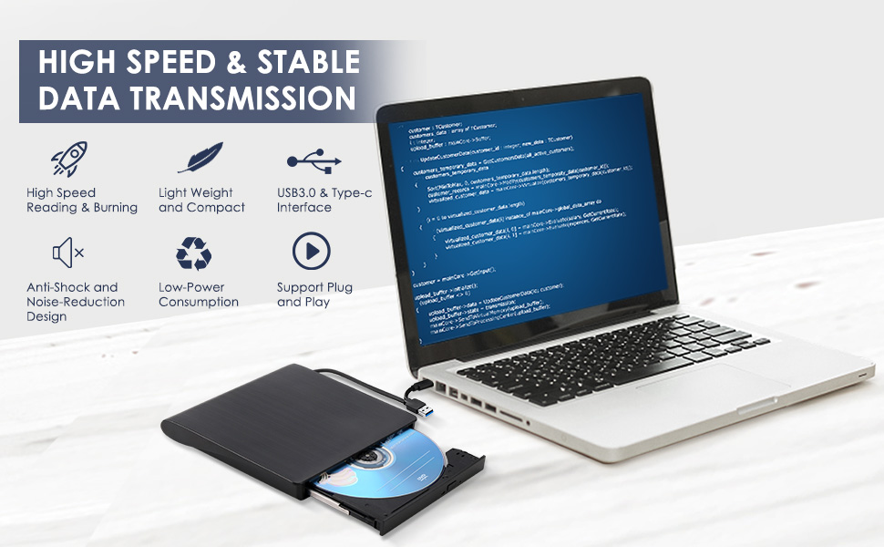 External CD/DVD Drive for Laptops, Type-C CD/DVD Player USB 3.0 Portable CD DVD Burner Writer Reader