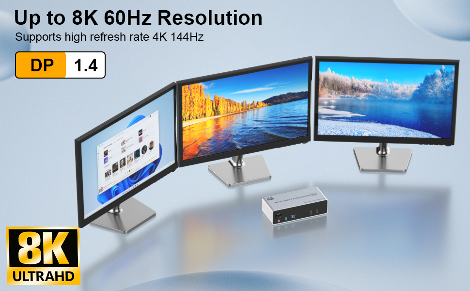 8K@60Hz USB 3.0 Triple Monitor 3 DisplayPort KVM Switch for 2 Computers Sharing 3 Monitor and 3 USB