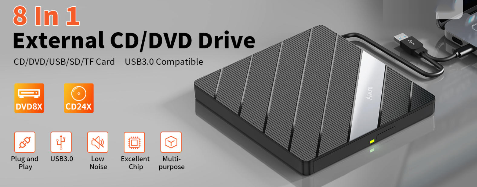 External CD DVD Drive for Laptop, 8 in 1 Portable Disc Reader Burner External CD DVD Drive, USB 3.0