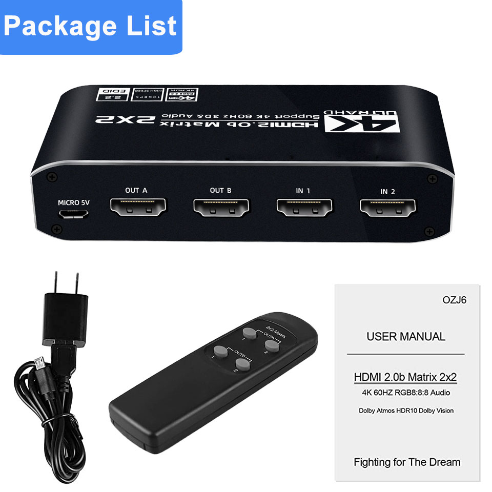 4K HDMI Matrix Switch 3 X 2 ,3 in 2 Out Video Switcher Splitter, 2xOptical  SPDIF