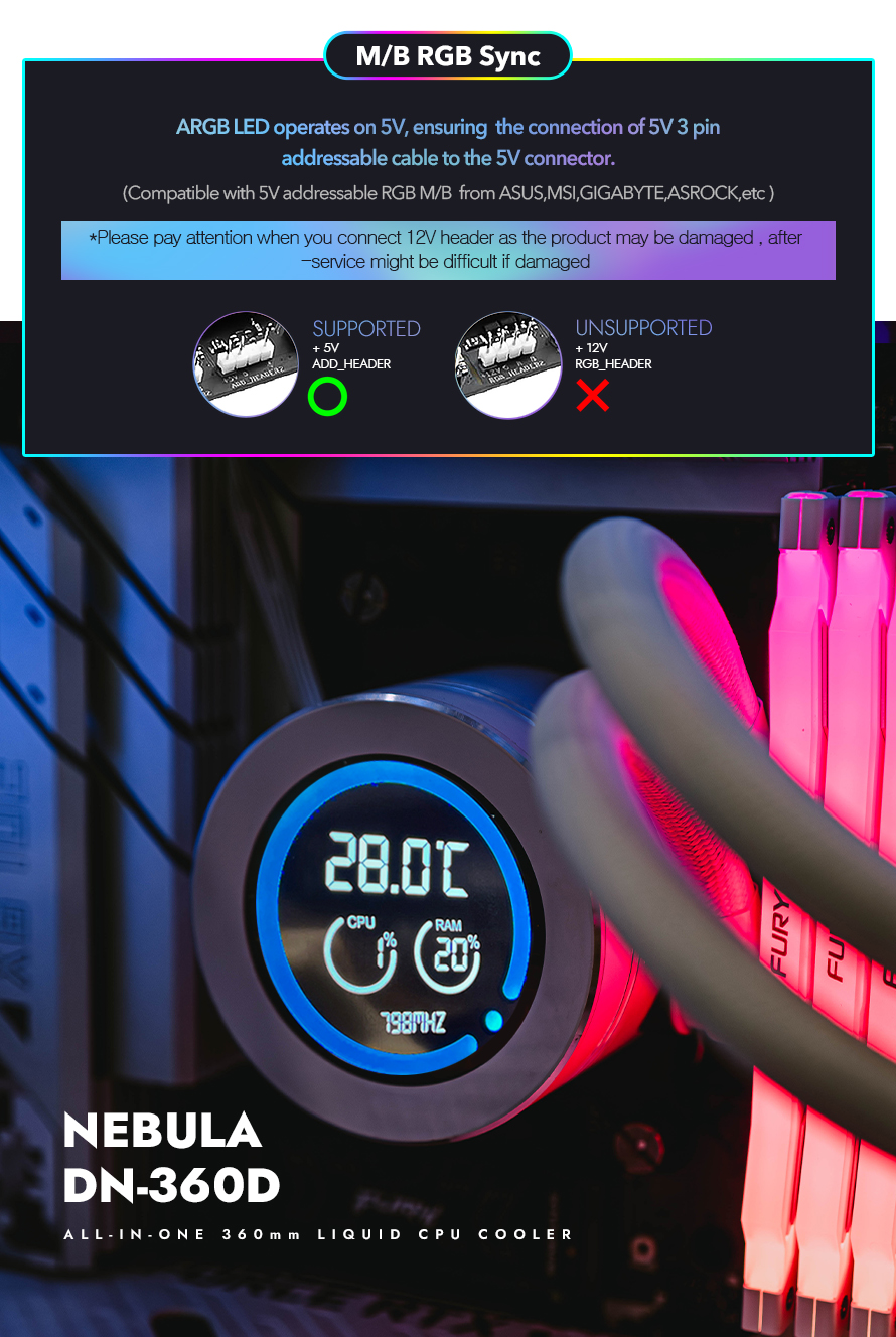 darkFlash DN360D 360mm AIO Liquid CPU Cooler 2.1 LCD Display 3x 120mm ARGB PWM Fans Copper Water