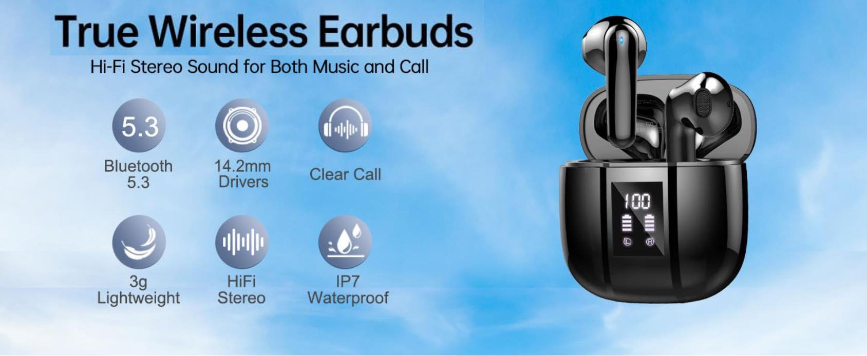 True Wireless Earbuds, Wireless Headphones Bluetooth 5.3, 14.2mm Driver Stereo, 3g Mini 48Hrs Ear bu