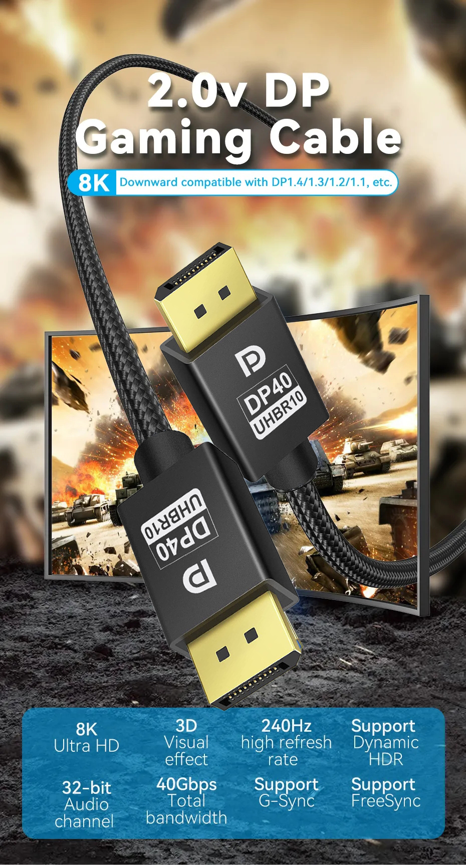 NeweggBusiness - DisplayPort Cable 2.1, 8K 10FT DP Cable 40Gbps 8K@60Hz  HBR10 4K@120Hz 4K@144Hz 2K@240Hz Support FreeSync G-Sync HDR10 Display Port  for Gaming Monitor 3090 Graphics PC