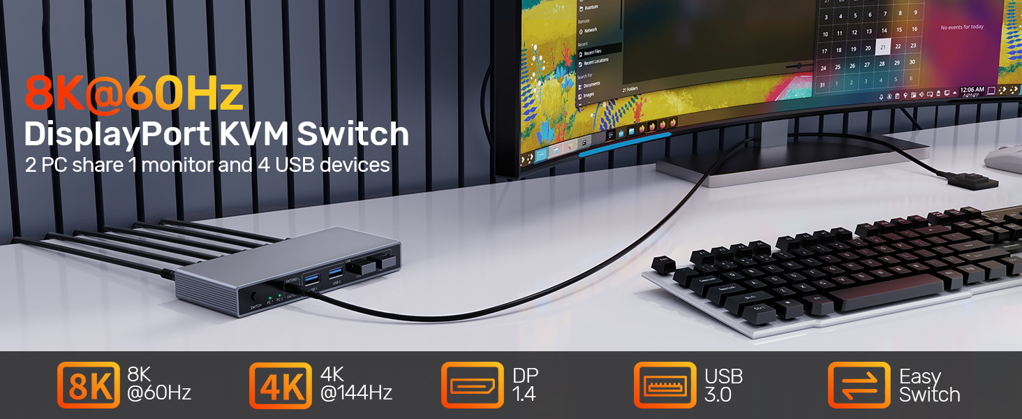 DP 1.4 KVM SwitchTwo Computers Sharing One Monitor,Two Mode Switching
