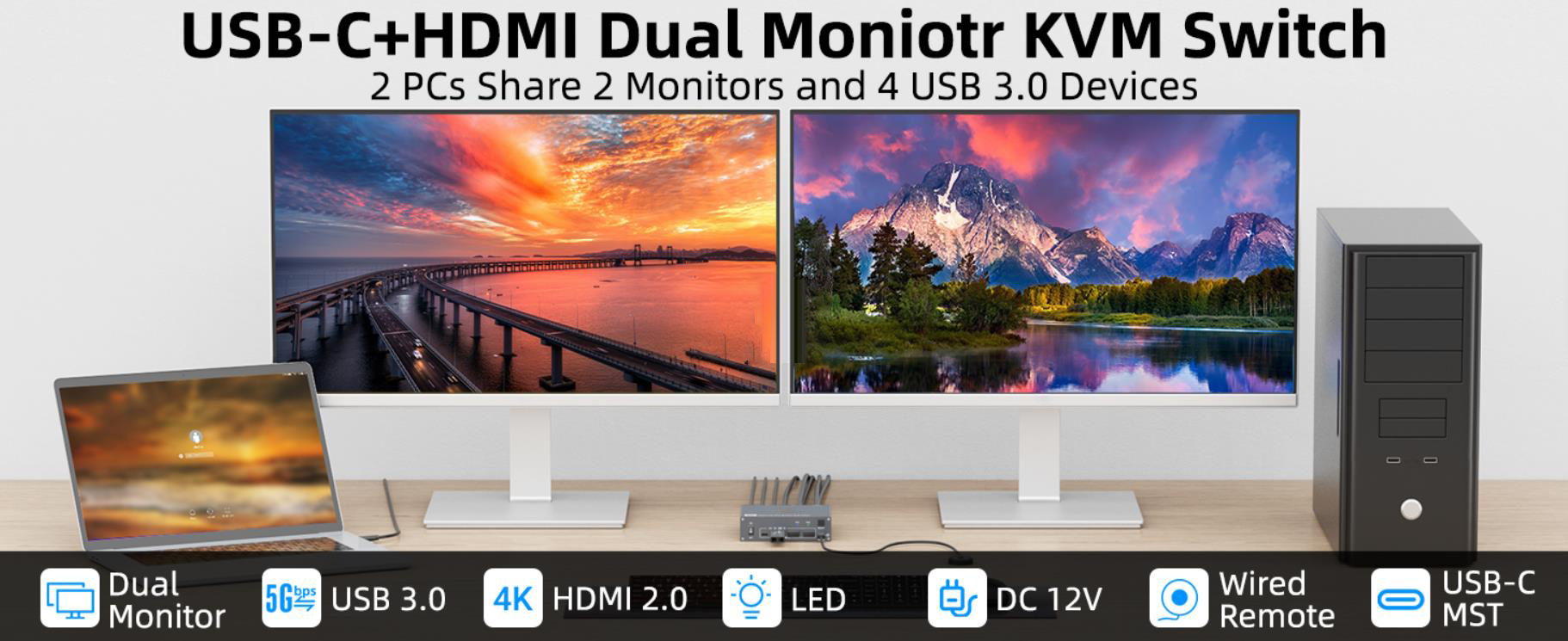 Hitoor Dual Monitor KVM Switch for Laptop & Desktop 4K@60Hz, USB C and HDMI KVM Switch 2 Monitors 2