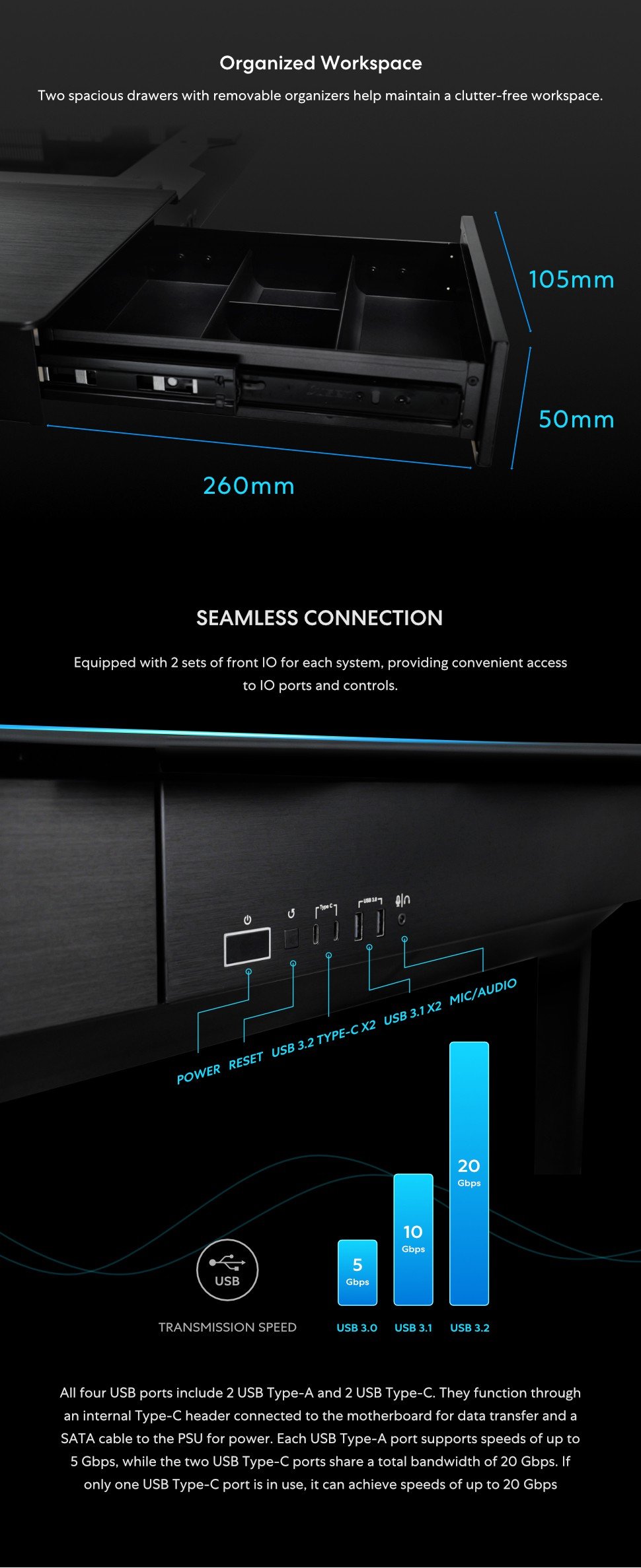 Lian Li, Standing Desk, DK-07X, Dual E-ATX, Wireless Charging, USB Ports
