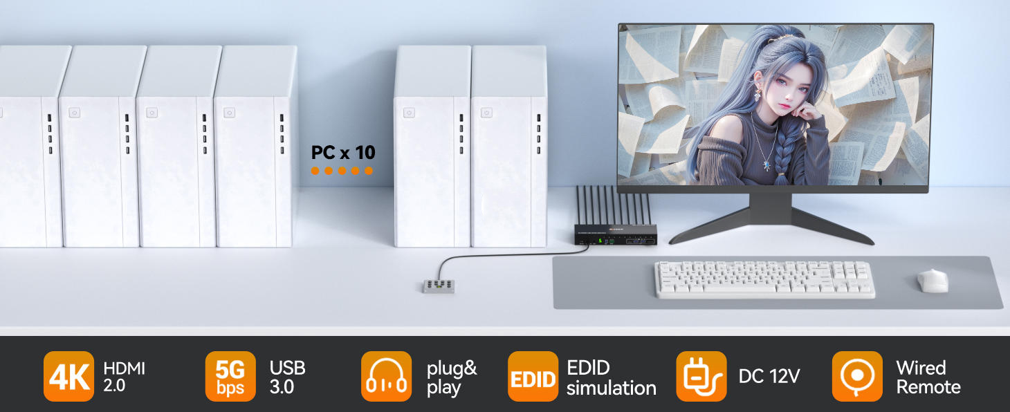 10 Port 8 Port HDMI KVM Switch 10 Computers 1 Monitor Audio EDID Emulation 4K@60Hz HDMI USB 3.0 KVM