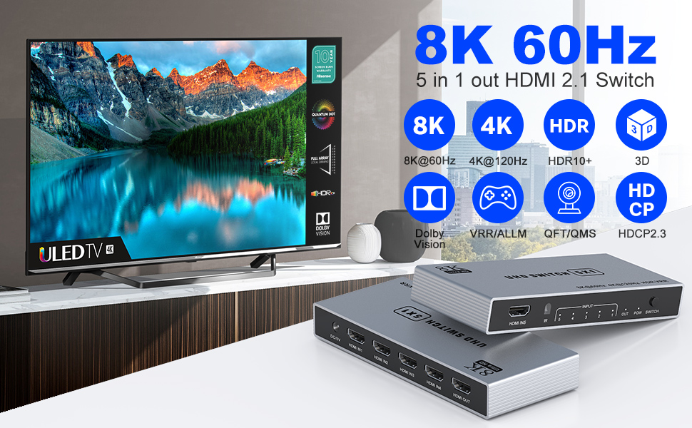 HDMI Splitter 4K@240Hz - 8K@60Hz 4K@240Hz HDMI Switch 5 in 1 Out with Remote Support 3D/HDR/HDCP2.3,