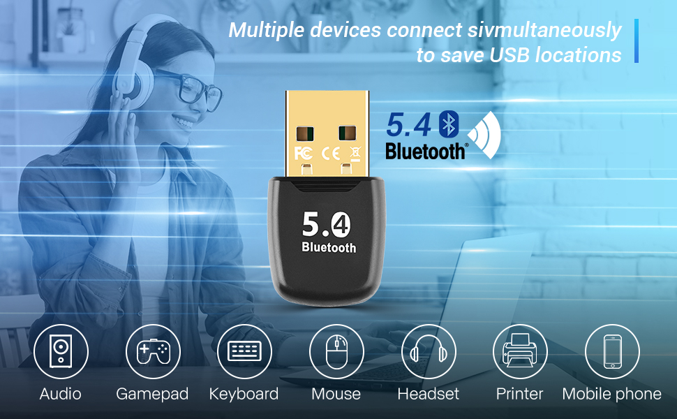 Bluetooth USB Adapter for PC- 20M Range Bluetooth Adapter 5.4 Dongle (BR+BLE+EDR), Free Diver