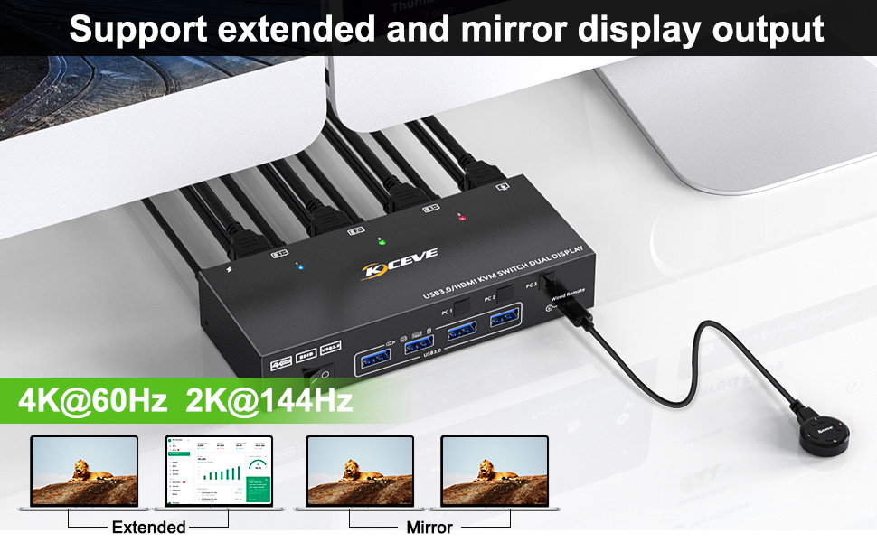 Support extended and mirror display, whether in office work or gaming, this 2 monitors KVM switch al