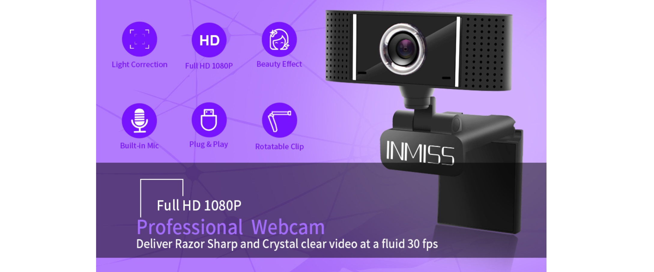 Professional 1080P webcam, beauty effect,plug-play,rotatable clip,built-in mic