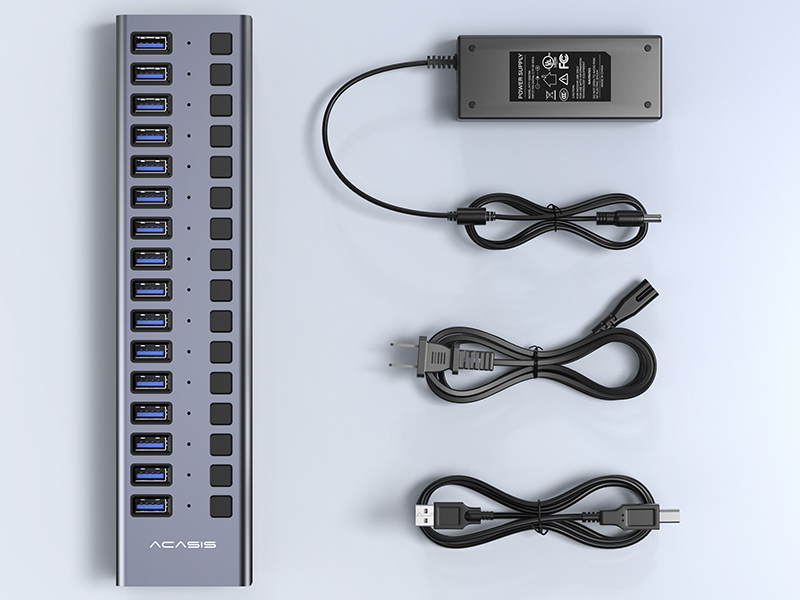 Powered USB Hub - ACASIS 16 Ports 90W USB 3.0 Data Port, Aluminum Housing,  Individual On/Off Switches, 12V/7.5A Power Adapter, 5Gbps High Speed, USB