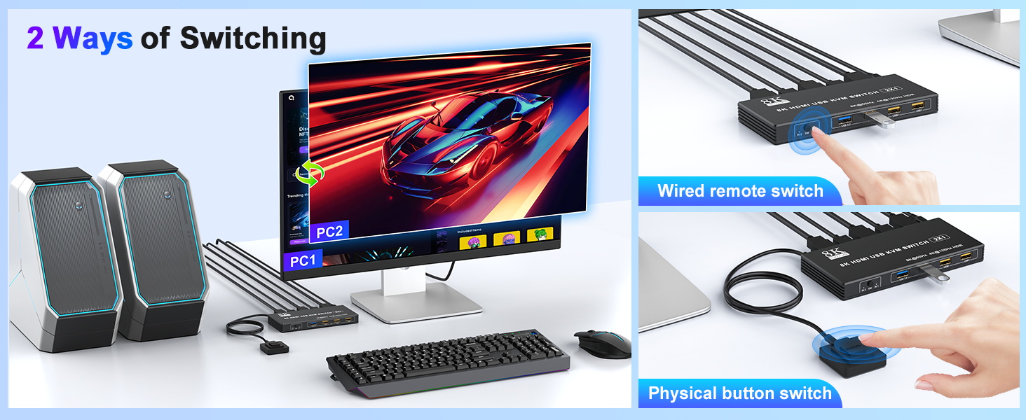 USB 3.0 HDMI KVM Switch 1 Monitor 2 Computers, Support 8K@60Hz 4K@120Hz, HDMI KVM Switches for 2 Com