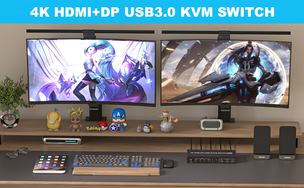 HDMI + DP KVM Switch 2 Monitors 4 Computers, Dual Monitor HDMI + Displayport USB 3.0 KVM Switches