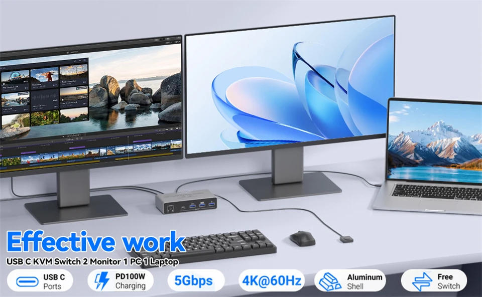 USB C HDMI Displayport KVM Switch for 1 Laptop & 1 Desktop PC Share 2 Monitors, 4K@60Hz Dual Monitor
