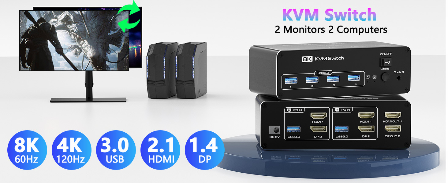 AUTYUE KVM Switch 2 Monitors 2 Computers, 8K@60Hz HDMI + Displayport KVM Switch, Extended/Mirror Mod