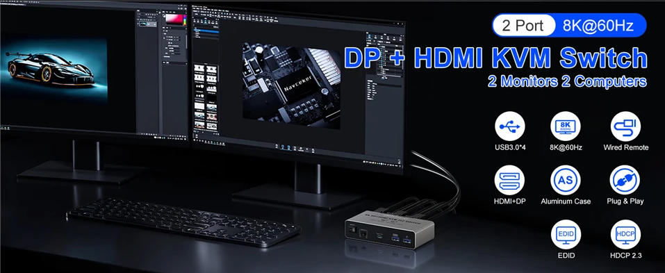 8K@60Hz 4K@120Hz Dual Monitor HDMI + Displayport KVM Switch 2 Monitors 2 Computers, USB 3.0 HDMI DP