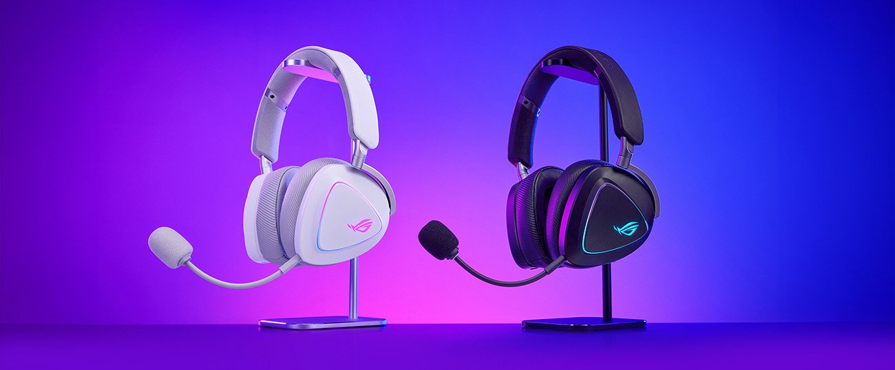 ROG Delta II and ROG Delta II Moonlight White Edition gaming headsets with RGB lighting on ear cups, displayed on a purple-blue gradient background