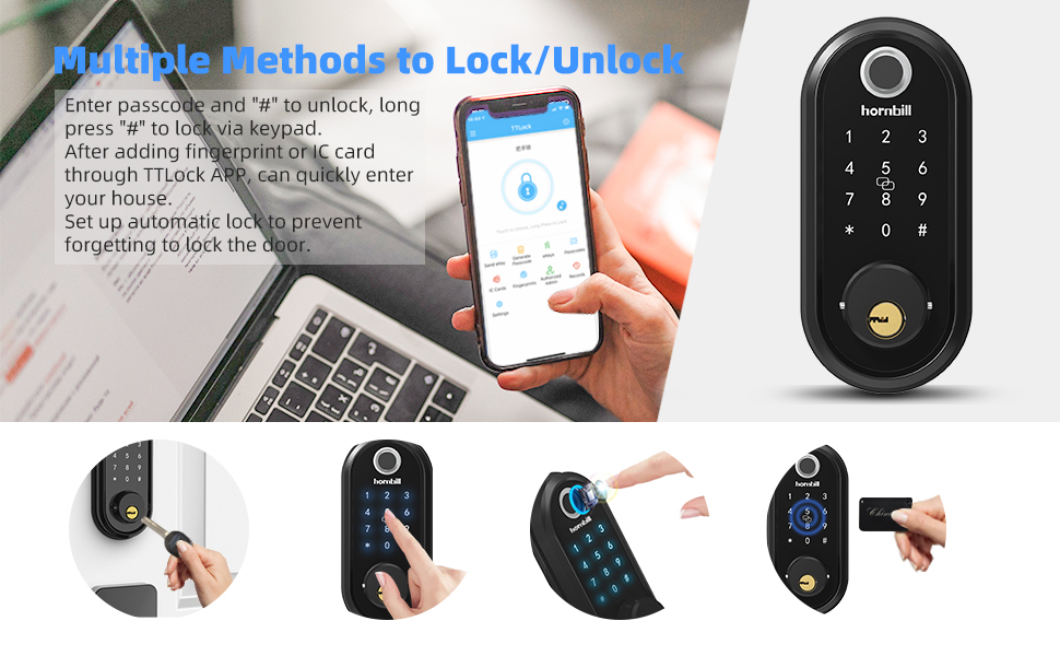 Unlock by One-touch Fingerprint/Mobile App/Touchscreen Keypad/IC Fob/Mechanical Key