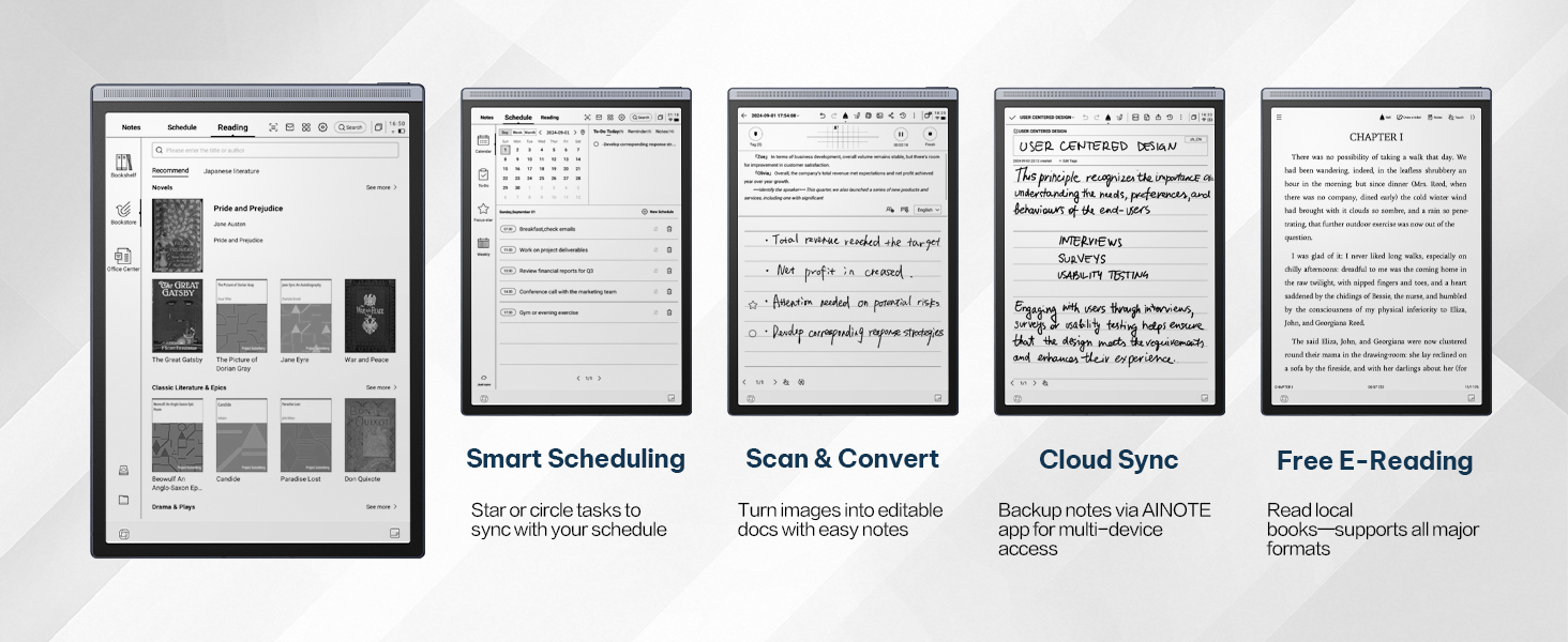Smart Scheduling / Scan & Convert / Cloud Sync / Free E-Reading