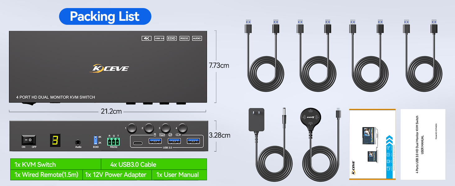 This dual monitor HDMI KVM switch features 3 switching modes: 1. 1.5m wired remote (included); 2. Pa