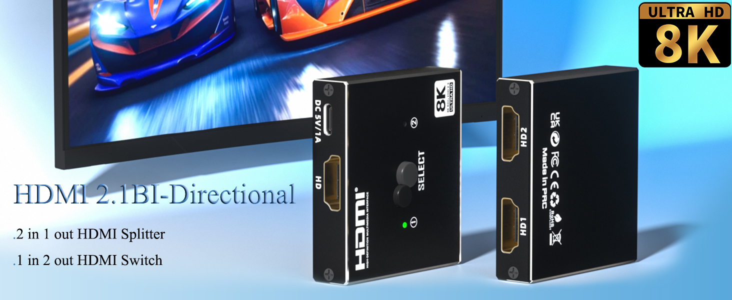 8K HDMI 2.1 Switch Bi-Directional - 2 in 1 Out Switcher