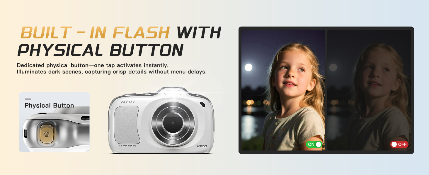Compact digital camera with physical button built-in flash for clear night portrait shooting